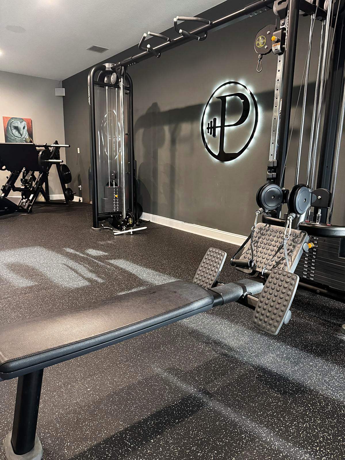 Cable machine and bench beneath the backlit Platinum logo