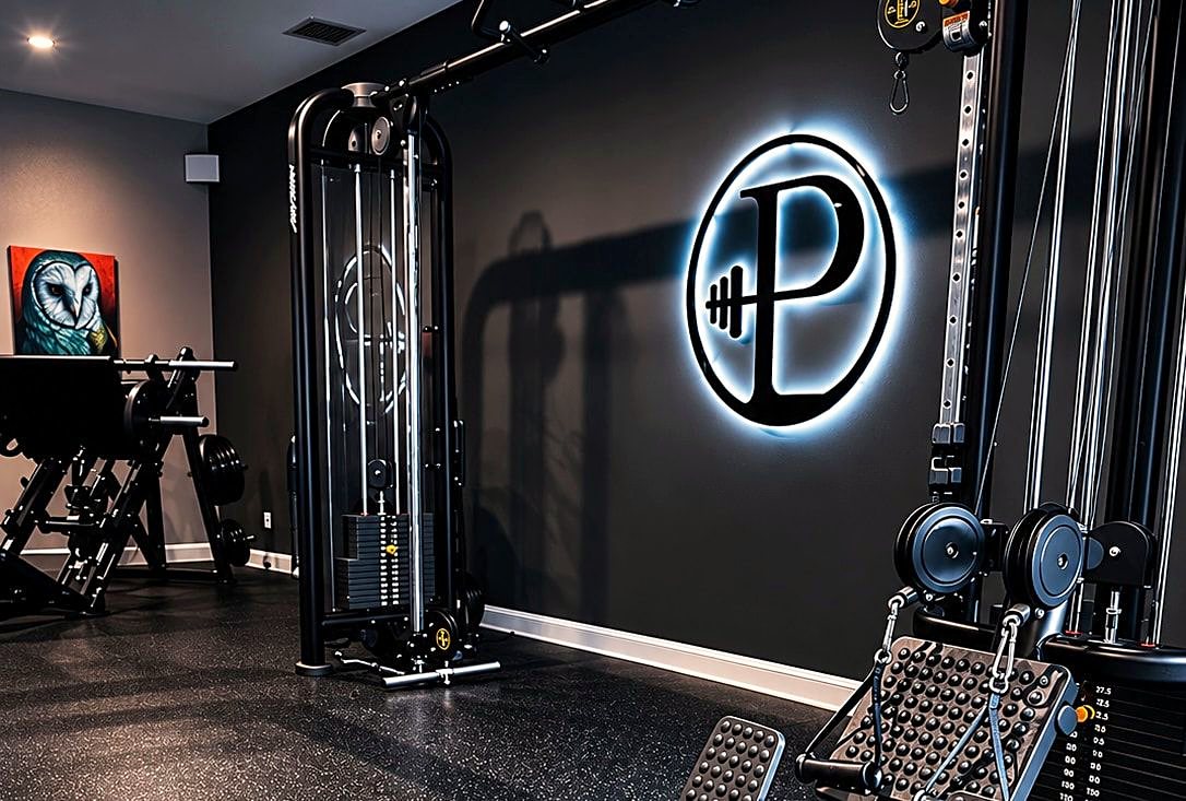 Platinum personal training studio with cable machines and lit P logo